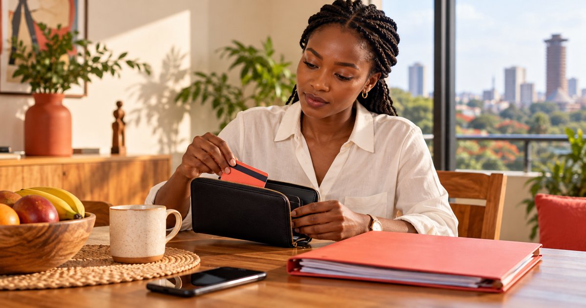 Employee sorting a travel wallet and papers beside a coral folder at a sunlit table.