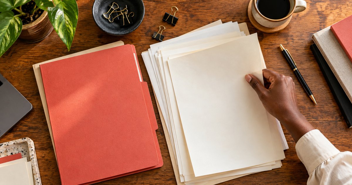 Hand arranging cream paper documents beside a coral folder, pen and binder clips on a wooden desk.