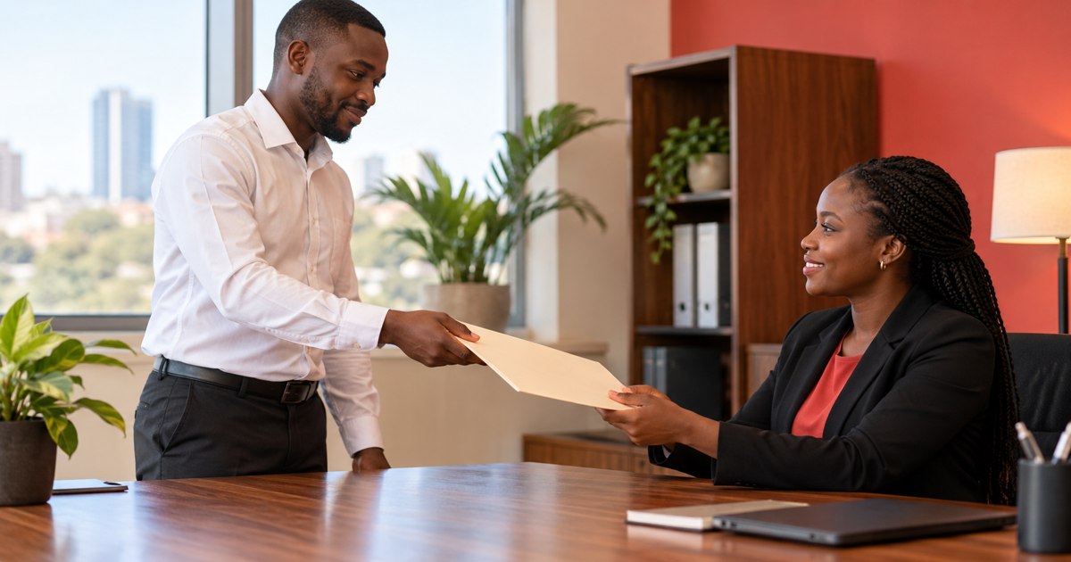 Employee handing a cream folder to a payroll colleague across a wooden desk.
