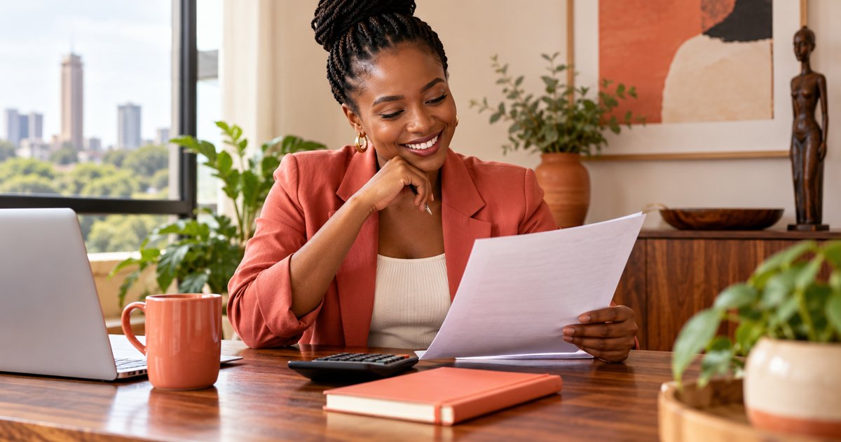 Employee reviewing a pay rise at a desk with a calculator and coral notebook.
