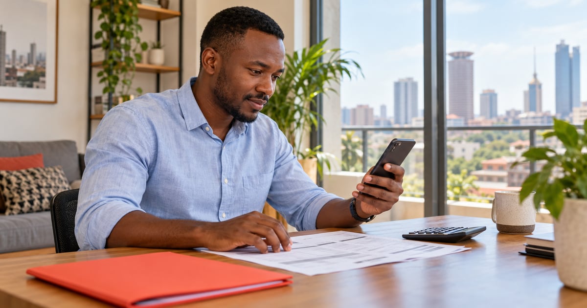 Illustration of a Kenyan employee checking a smartphone beside a payslip and calculator.