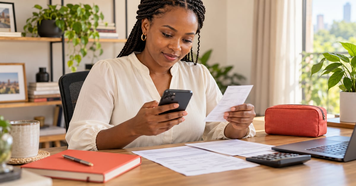 Illustration of a Kenyan woman comparing a smartphone payment record with payroll documents.