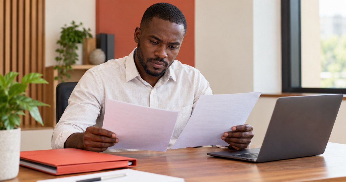 Payroll accountant comparing two sheets beside a coral folder and laptop.