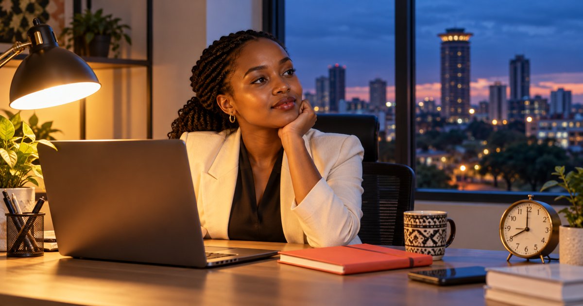 Employee working at a desk under a warm lamp as dusk falls outside the office.