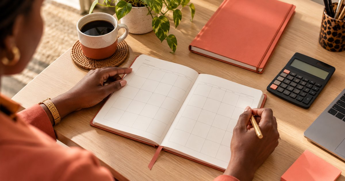 Hands checking a paper planner beside a coral notebook and calculator.