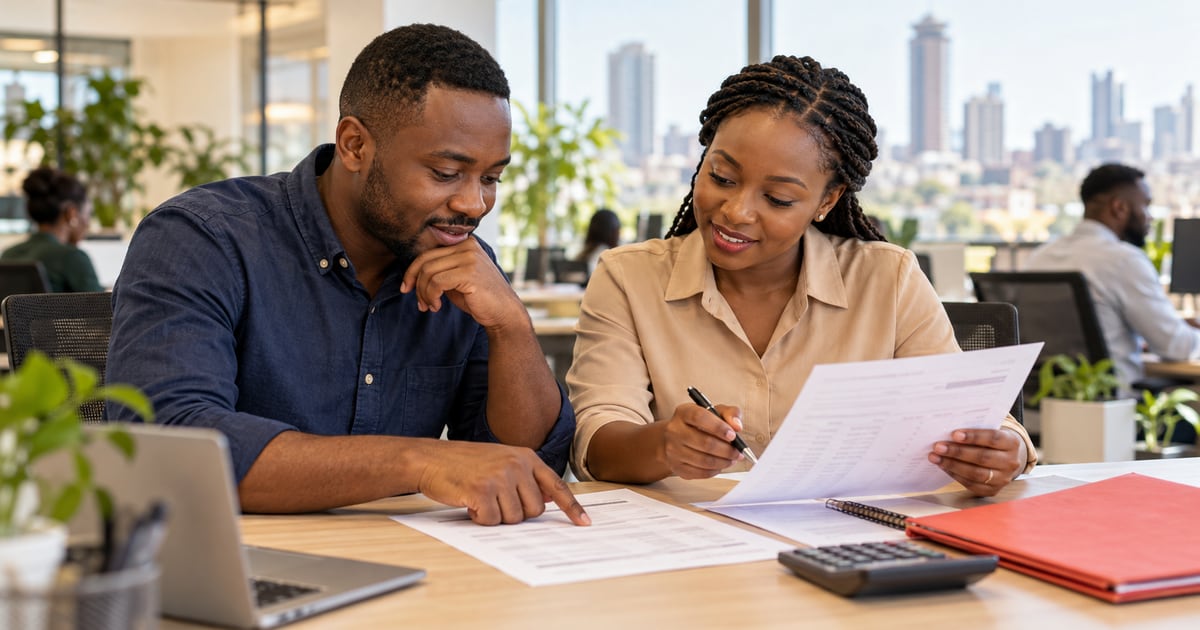 Illustration of an employee and payroll colleague reviewing contribution records together.