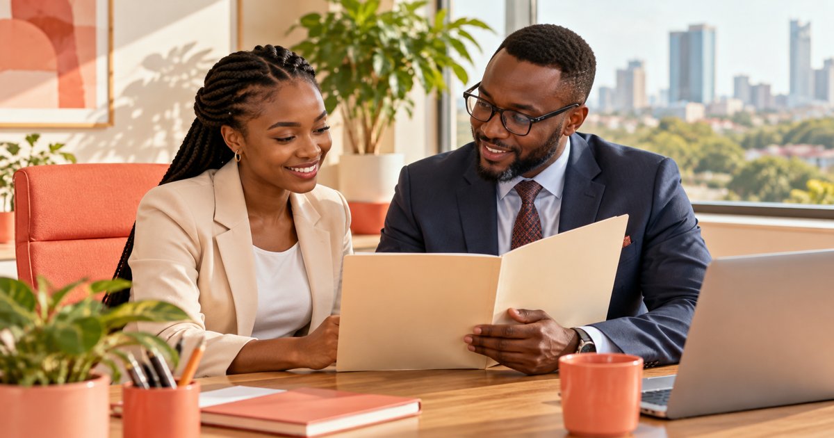 New employee and payroll manager reviewing a cream folder in a sunlit office.