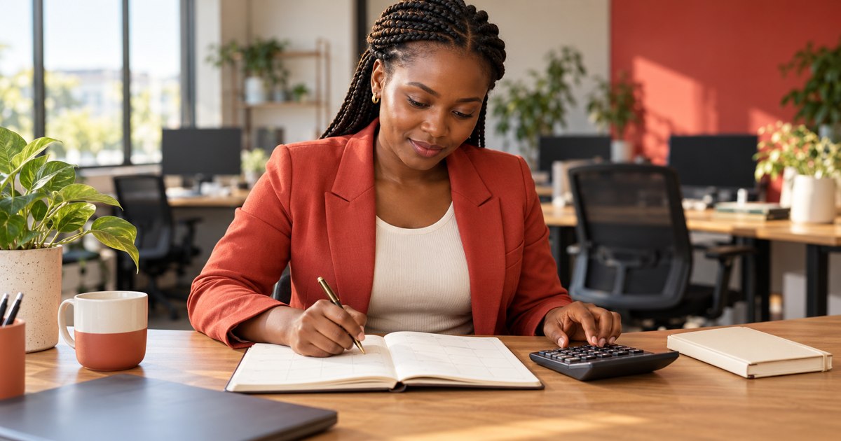 Business owner reviewing a monthly planner with a calculator in a quiet office.