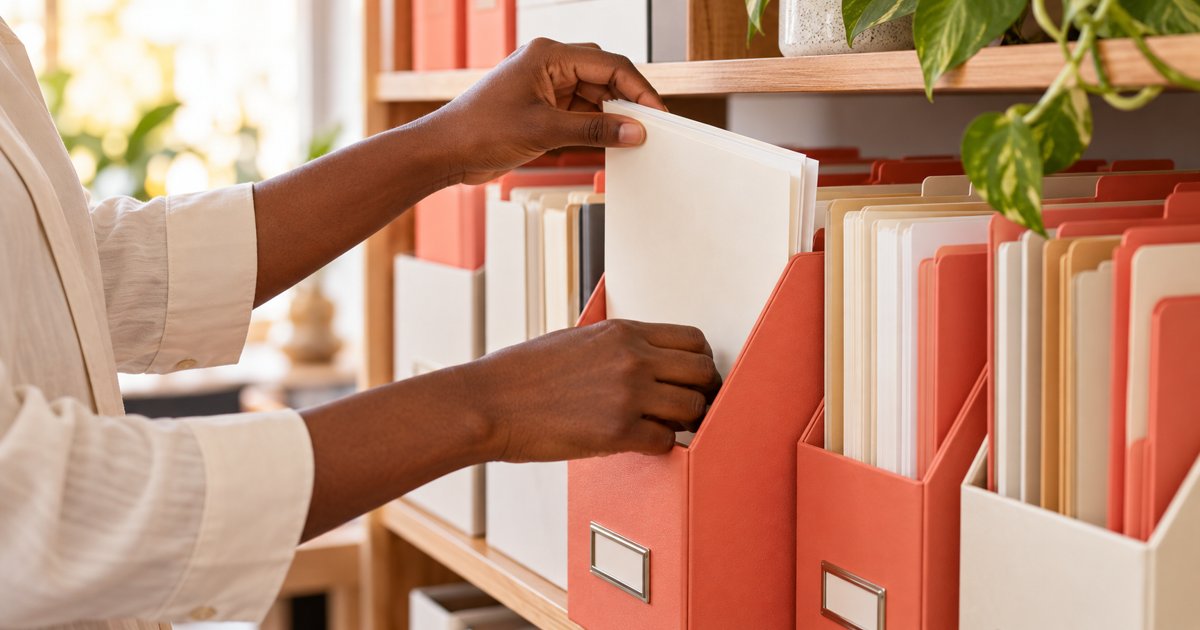 Hands organising cream papers in coral and neutral folders on a wooden shelf.