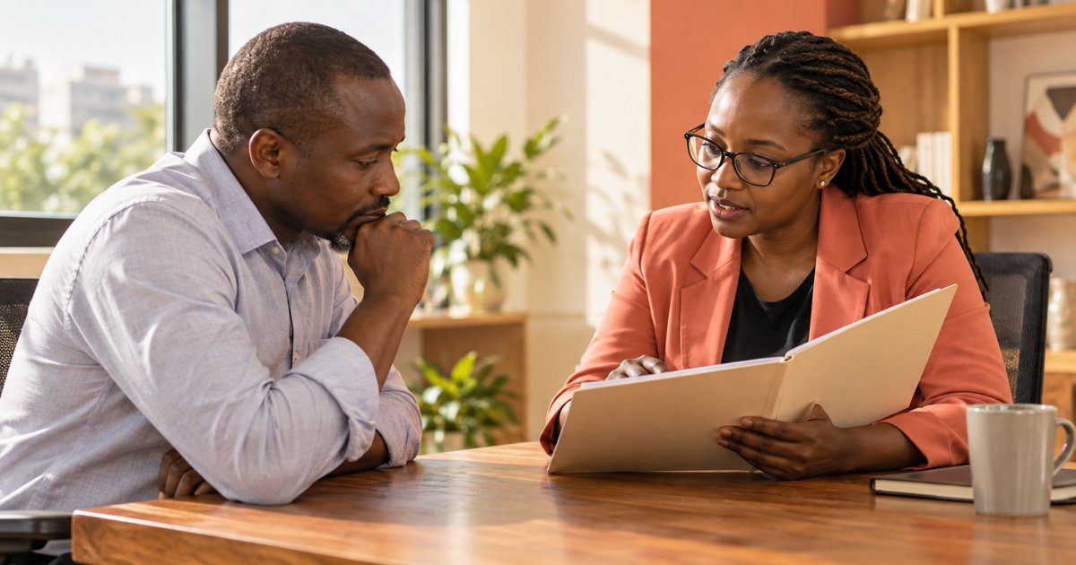 Employee and adviser discussing a cream folder across a wooden table.