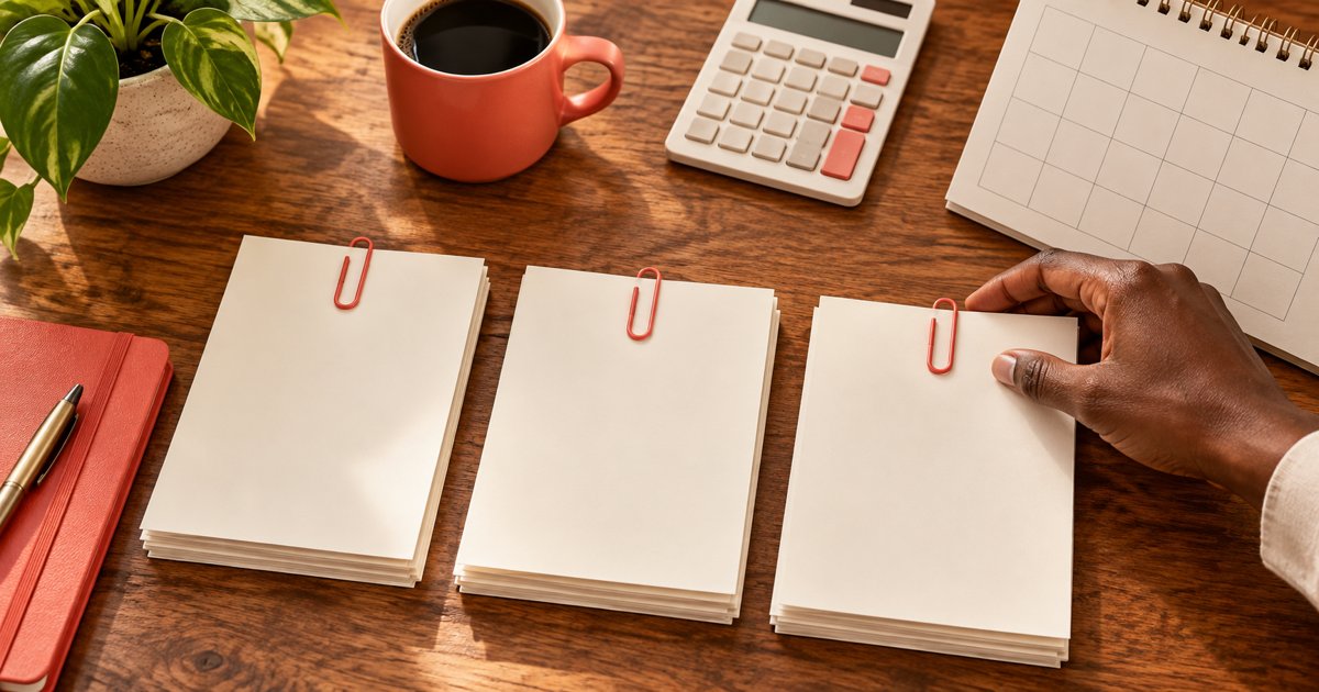 Hand aligning paper stacks beside a calculator and a blank calendar on a wooden desk.