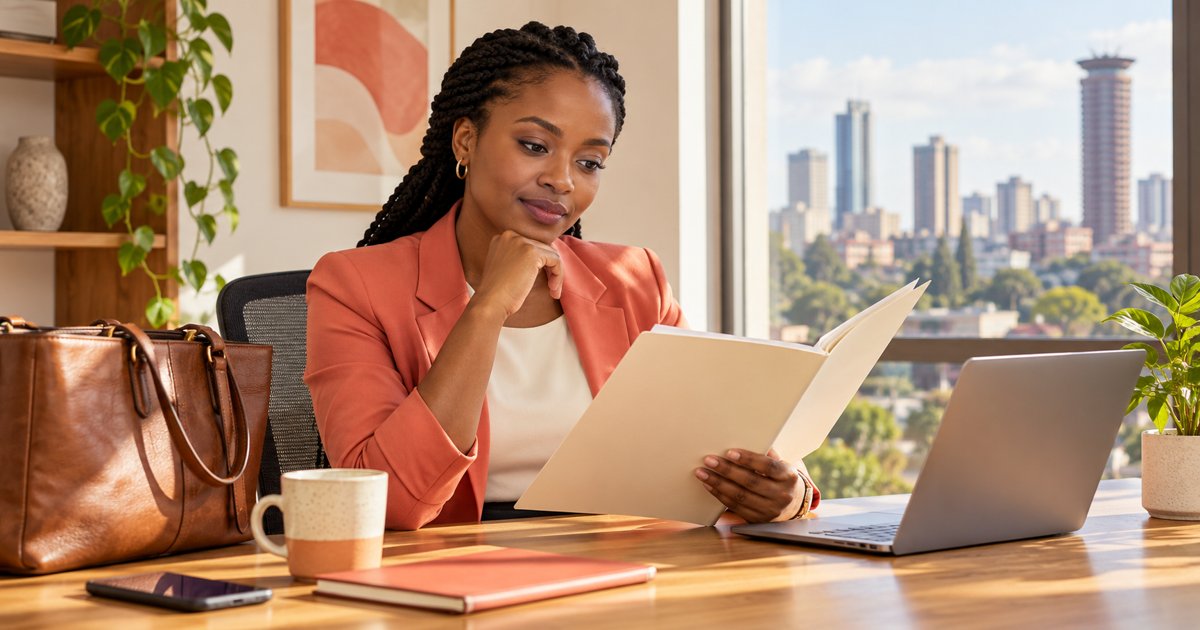 Employee considering a benefits folder beside a commuter bag and laptop.